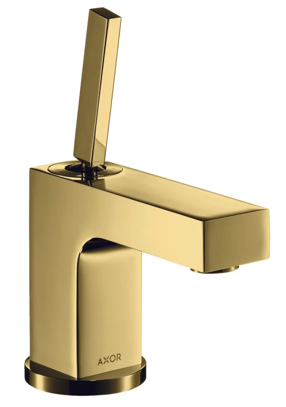 Einhebel-Waschtischmischer von AXOR in Polished Gold Optic mit schlankem Design und geradem Griff für Handwaschbecken, ausgestattet mit Zugstangen-Ablaufgarnitur.